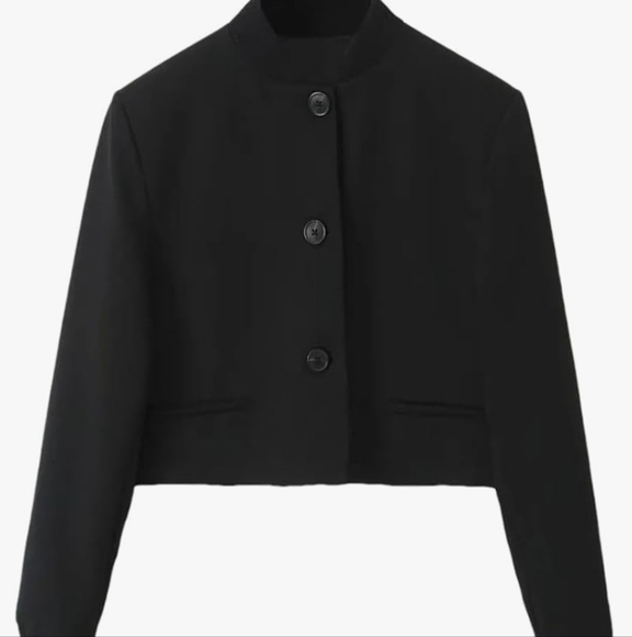 New Zara Cropped Crewneck Long Sleeve Black Button Ribbed Loose Bomber Jacket - Picture 1 of 10